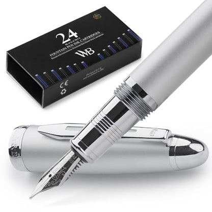 Wordsworth & Black Majesti Luxury Fountain Pen Set for Writing, Medium Nib - color: Metallic Silver, style: Medium Nib