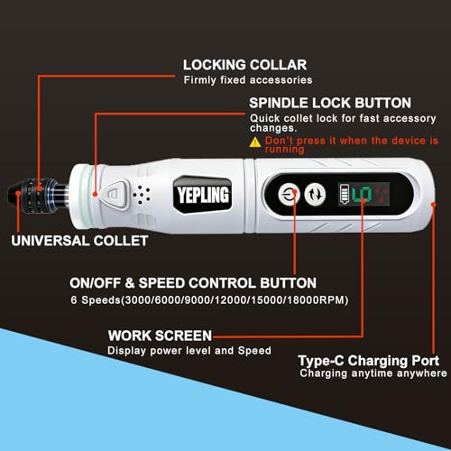 Cordless Rotary Tool, 3.7V Li-ion Electric DIY Mini Grinder Kit with Front LED Work Light, 6 Variable Speed, 68pcs Accessories USB Charging Multi-Tool with Universal Chuck Perfect for Light Duty