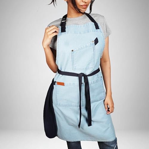 100% Cotton Printed Kitchen Apron with 2 Pockets for Men and Women – Adjustable Chef Apron - Machine Washable - color: Sky Blue