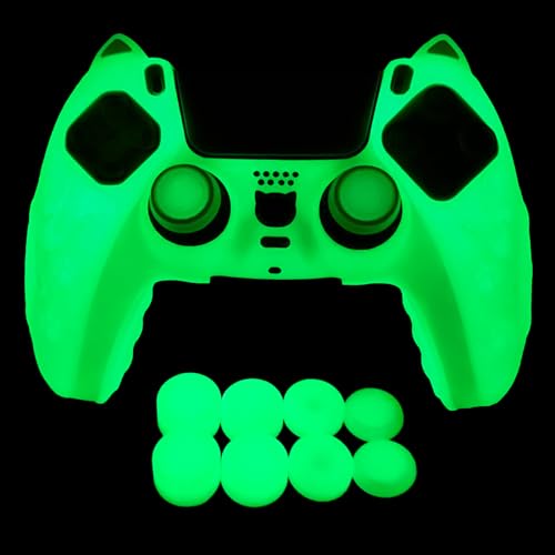 Glow in The Dark PS5 Controller Skin,Green Cute Cat Paw Silicone Cover Skins Compatible with PlayStation 5 Controller,Include 8 PCS Thumb Grips Glow and 2 Grips Glow Accessories. - color: Cat Glow Green
