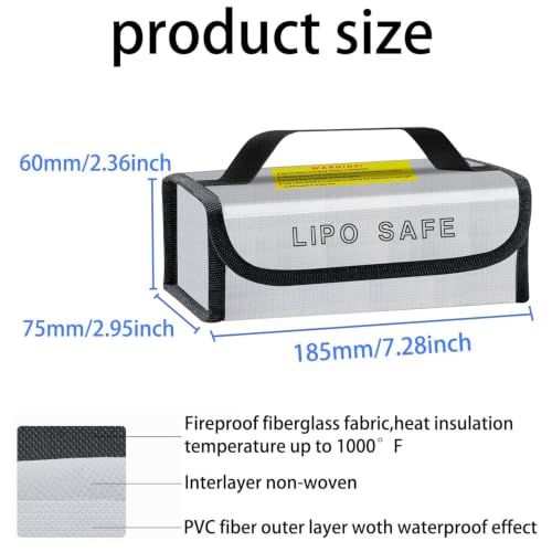 2PCS Lipo Battery Safe Bag Fireproof Charging Bag for RC Lipo Battery Pack Storage Charging Transport, Home Office Travel Lipo Storage Pouch Double Layer Fireproof - size: 260x130x150mm+185x75x60mm (2 pcs)