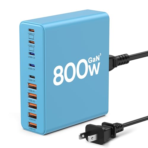 800W USB C Charger Block,10-Port Charging Station - color: Blue