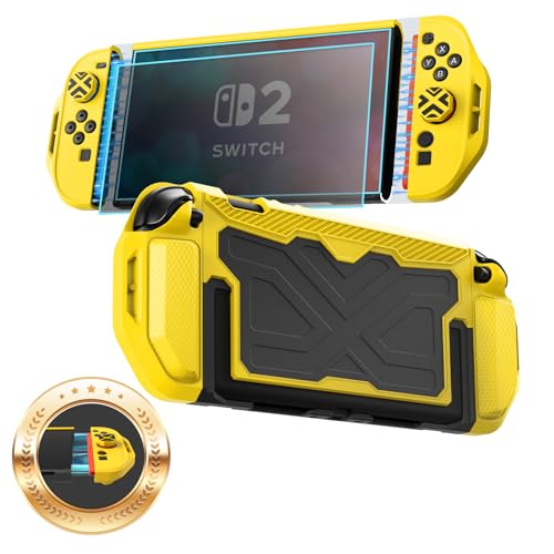 Toladoshop Dockable for Switch 2 Grip Case (2025) Accessories, Armor Slim Military-Grade Protection for Detachable 3PCS Design Joncon Holder with Screen Protectors and Joystick caps, Yellow - color: Yellow-Black