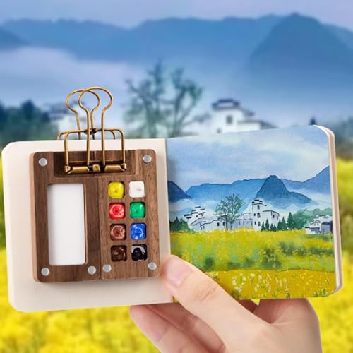 Mini Watercolor Travel Set with 8-Well Wood Palette and Sketchbook - color: Wood 8 Grids