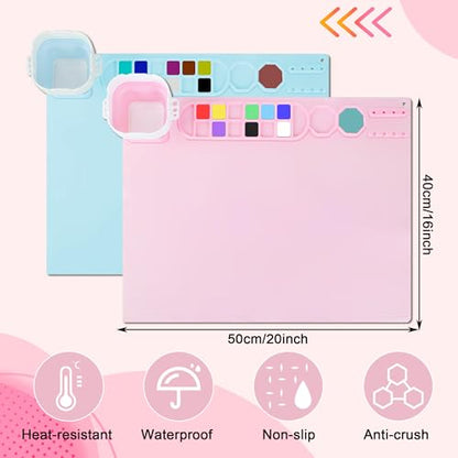 Silicone Painting Mat, Reusable Artist Mat with Spill Proof Cup and Non Stick Fabric Palettes, 16 Color Dividers Craft Mat for Artist Clay DIY and Acrylic Painting(Pink+Blue) - color: Pink+blue