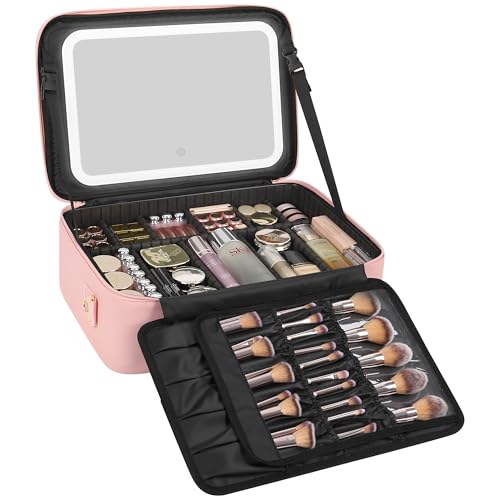Relavel Large Makeup Case with LED Mirror, 16.2" Train Case with Dividers - color: 01-Pink, size: 3-Large