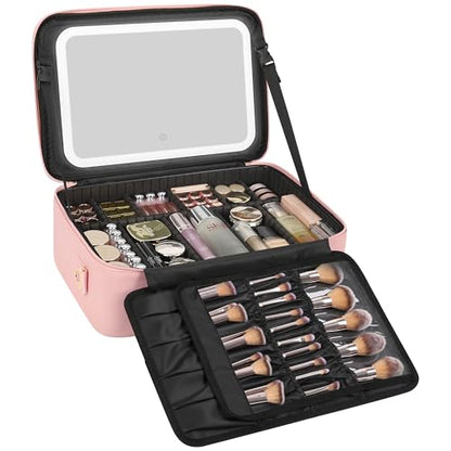 Relavel Large Makeup Case with LED Mirror, 16.2" Train Case with Dividers - color: 01-Pink, size: 3-Large