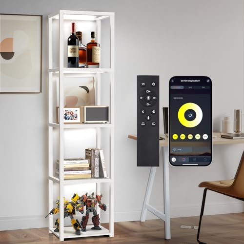 OUTON 67" Glass Display Shelf with Dimmable LED Floor Lamp, Collectibles Display Cabinet with Remote & App Control, 5 Tier Open Bookshelf Lamp for Living Room, Bedroom, Office, Home Decor, White - color: White