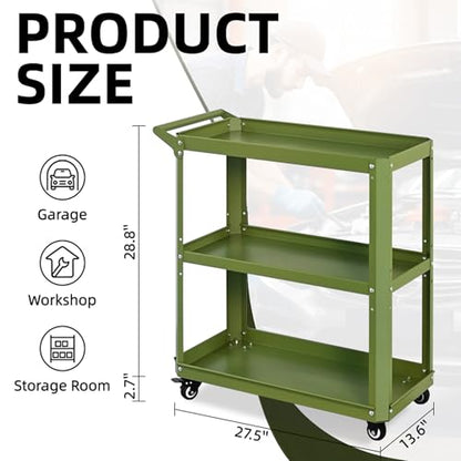 3 Tier Metal Utility Rolling Cart with Wheels, Green - color: Green