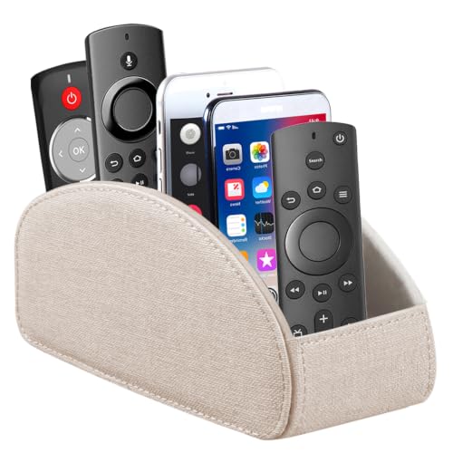 Remote Control Holder PU Leather TV Remote Caddy for Table 5 Compartments - color: Beige, size: Large