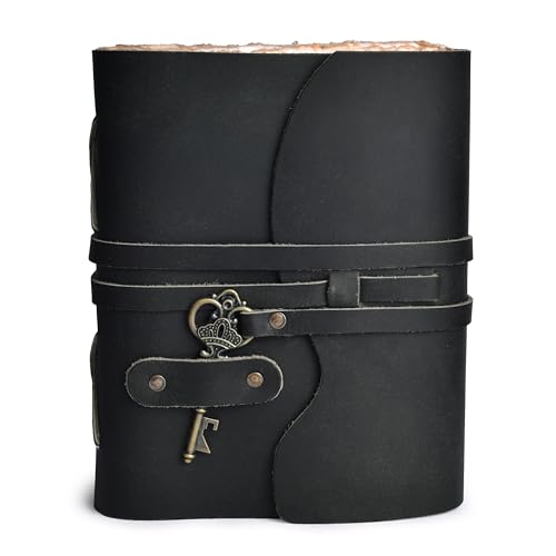 LEATHER VILLAGE Leatherbound Notebook Journal Key Lock, Black 8x6. - color: Starless Black, size: 8"X6"