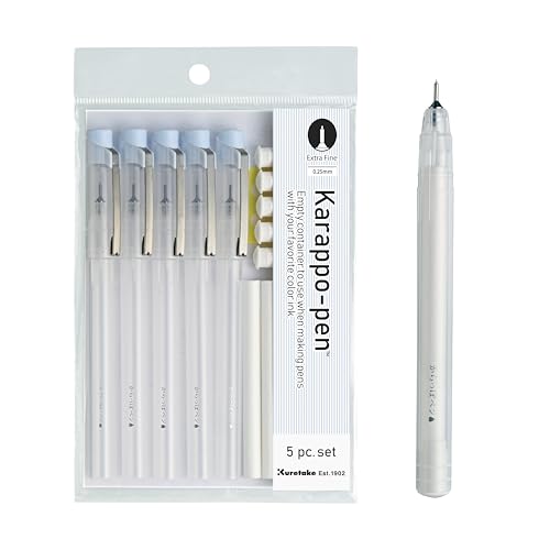 Kuretake Karappo Pen, 0.25mm Extra Fine tip 5pcs set, Empty refillable ink pen, for lettering, calligraphy, illustration, drawing, Made in Japan - style: Extra Fine tip