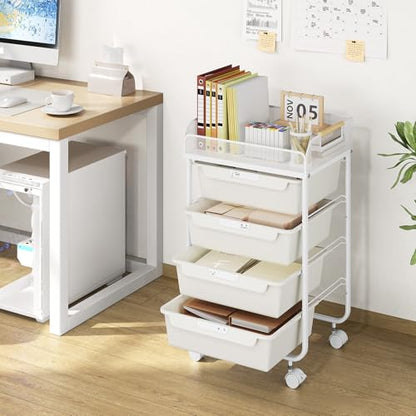 SYKIARIOL 4-Drawer Rolling Storage Cart with Mesh Top,White - color: Cream White