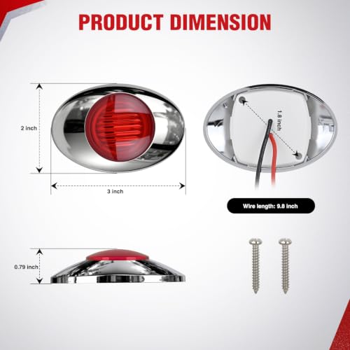 Nilight 3" Oval LED Trailer Marker Light, Chrome Bezel Red Lens - color: Red 3" 10Pcs