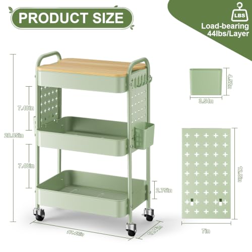 3 Tier Rolling Cart with Table top, Metal Utility Cart with DIY Pegboard - color: Green With Pegboard