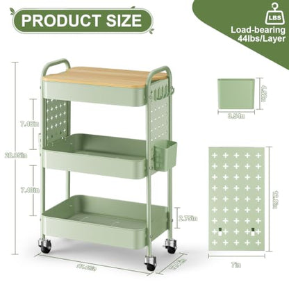 3 Tier Rolling Cart with Table top, Metal Utility Cart with DIY Pegboard - color: Green With Pegboard