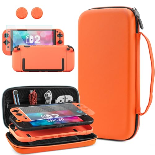 PAWDIARY Switch 2 Carrying Travel Case Orange Bag, with Hard PC Dockable Case Skin Compatible with Nintendo Switch 2 2025 Console, HD Screen Protector and 2 Thumps Caps, Secure Protection - color: Orange