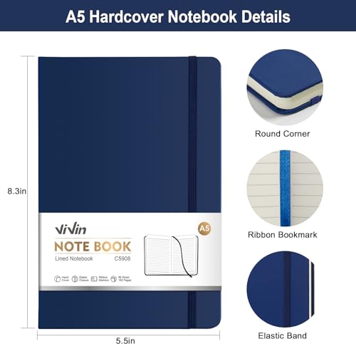 ViVin 3 Pack A5 Hardcover Lined Notebook,192 pg College Ruled 5.5x8.3 - color: Black+Navy Blue+Dark Dreen, size: 3 Pack