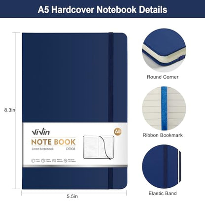 ViVin 3 Pack A5 Hardcover Lined Notebook,192 pg College Ruled 5.5x8.3 - color: Black+Navy Blue+Dark Dreen, size: 3 Pack