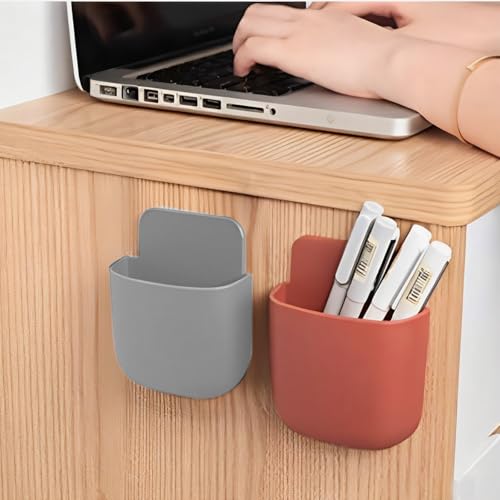 2 Pack Wall Mount Remote Control Holder Self Adhesive Organizer for Remote Phone Pen Makeup Brush Storage Box for Home Office - color: Red + Gray
