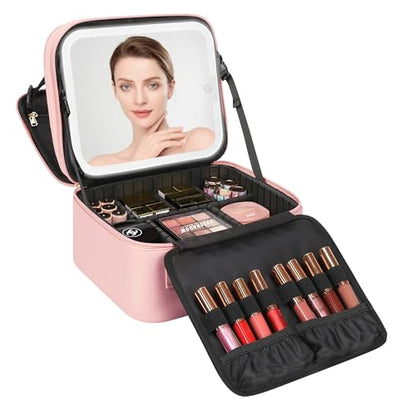Relavel Makeup Bag with LED Mirror, Small Travel Makeup Case, Pink - color: 01-Pink, size: 1-Small(2 Layers)