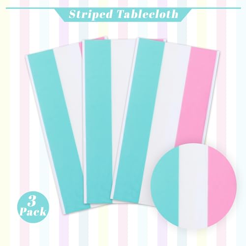 Kesfey Rainbow Striped Tablecloth Birthday Pastel Stripe Table Cover 3 Pack - color: Rainbow Horizontal Striped