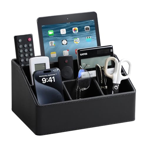 PU Leather Desk Organizer, Remote Control Holder, Black - color: Black