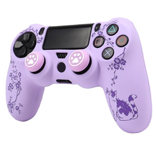 Cat Among Blossoming Branches Design Controller Skin Cover with 2 Thumb Grips Compatible with PS4/Playstation 4 Slim/Pro Controller - color: Cat Purple