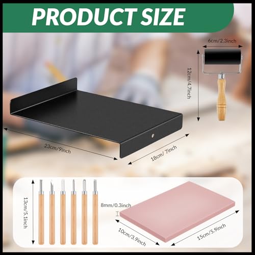 Suzile Block Printing Kit Include 1 Pcs Bench Hook and Inking Plate 2 Pcs Linoleum Block 1 Set Linoleum Cutter with 6 Type Blades 1 Brayer Roller for Carving Printmaking Stamp Tools