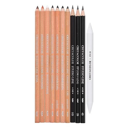 CRETACOLOR Artists Studio Line Drawing 101 Set, Artist Studio 11 Sketching Pencils & Paper Stump