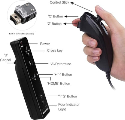 TechKen Motion Plus Wii Controllers 2Packs with Nunchucks, Wii Remote Controllers Compatible for wii and Wii U with Built in Motion Plus - color: black+white