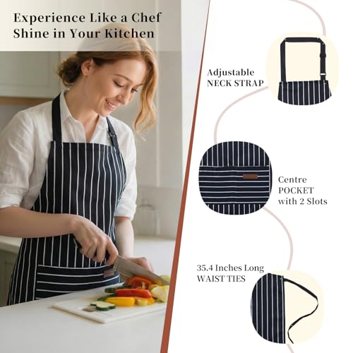 2 Pack Cooking Aprons Adjustable Bib Apron for Women with 2 Pockets, Kitchen Restaurant Men Chefs Aprons - color: Black Stripes/Black Pinstripe