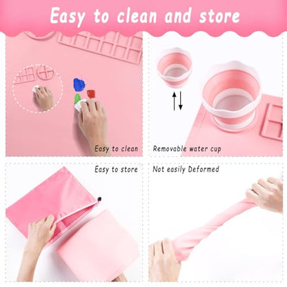 DIYDEC Silicone Craft Mat with Detachable Cup 20X16 Inch Large Silicone Painting Mat for Kids Art Supplies with 10 Painting Brushes Drawing Sheets for Adult DIY Accessories (Pink) - color: Pink