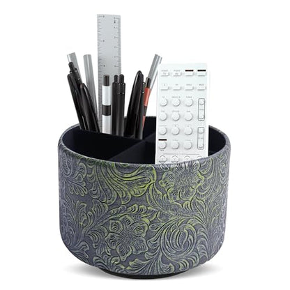 lizimandu Round Leather Art Supply Organizer,Remote Control Holder,360 Degree Spinning,Multi-Functional Pencil Holder,4 Compartments Desktop Stationary Organizer(1-Carved Metal Green2) - color: 1-Carved Metal Green2