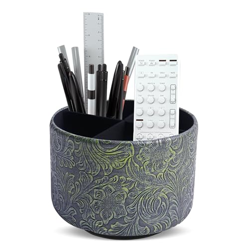 lizimandu Round Leather Art Supply Organizer,Remote Control Holder,360 Degree Spinning,Multi-Functional Pencil Holder,4 Compartments Desktop Stationary Organizer(1-Carved Metal Green2) - color: 1-Carved Metal Green2