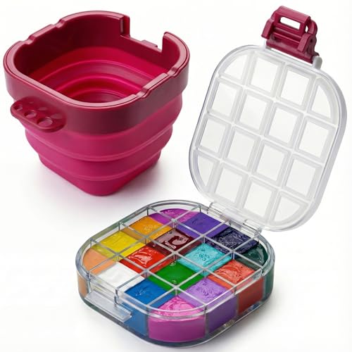 16-Well Airtight Empty Palette Box with Lid & Foldable Water Cup, Pink - color: Pink