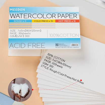 MEEDEN Cotton Watercolor Paper Block: 3 Textures 5" x 7" of 30 Sheets - size: 5×7"