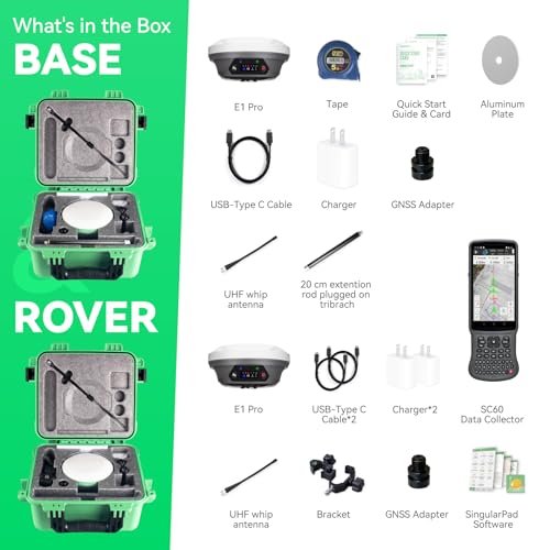 E1 Pro GNSS RTK Surveying Equipment, Over 20 Hours Endurance RTK GNSS with IMU Base & Rover, GPS RTK with Larger HD Screen and Larger Handheld Collector, 1cm Accuracy, 15km UHF Range, 60° Tilt Survey