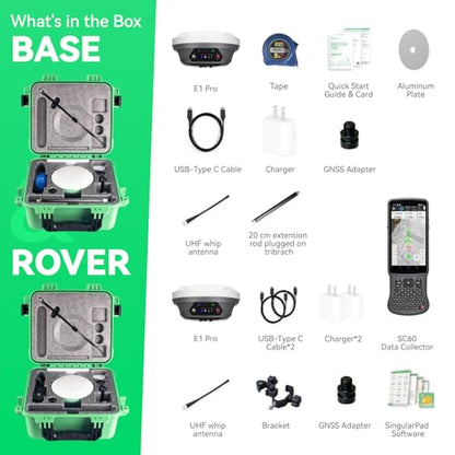 E1 Pro GNSS RTK Surveying Equipment, Over 20 Hours Endurance RTK GNSS with IMU Base & Rover, GPS RTK with Larger HD Screen and Larger Handheld Collector, 1cm Accuracy, 15km UHF Range, 60° Tilt Survey
