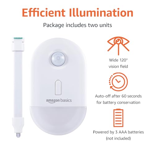 Amazon Basics Color Changing LED Toilet Bowl Motion Sensor Light, Battery Operated, Auto-off After 60 Seconds, 15 ft Detection Range, 2 Pack, White - style: Night Light