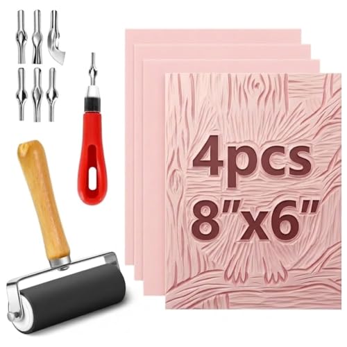 6 Pack Linocut Kit for Printmaking, 4 Pcs Rubber Stamp Carving Blocks - color: 6pack, size: kit-8"x6"