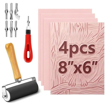 6 Pack Linocut Kit for Printmaking, 4 Pcs Rubber Stamp Carving Blocks - color: 6pack, size: kit-8"x6"