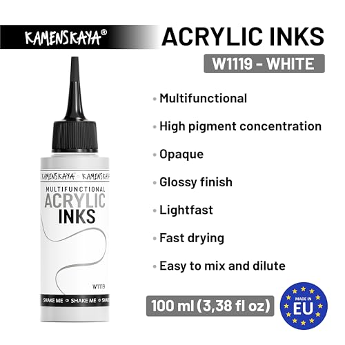 Kamenskaya Acrylic Inks for Artists - White Acrylic Ink, 3.38 Fl Oz (100 ml) - color: White
