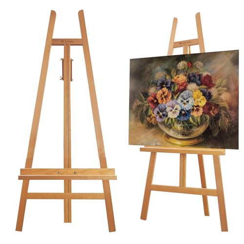 Heavy Duty A-Frame Wood Easel Stand - Adjustable Studio Easel Holds Large Canvas, Mirror, Wedding Sign Up to 90 Inches, Floor Display Easel for Artists & Events, Natural Beechwood - color: BeechWood