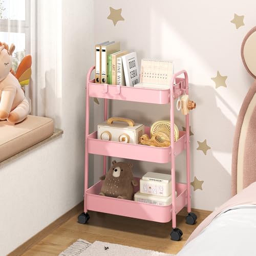 TOOLF 3 Tier Rolling Cart, Metal Utility Storage Cart with Wheels, Pink - color: Pink
