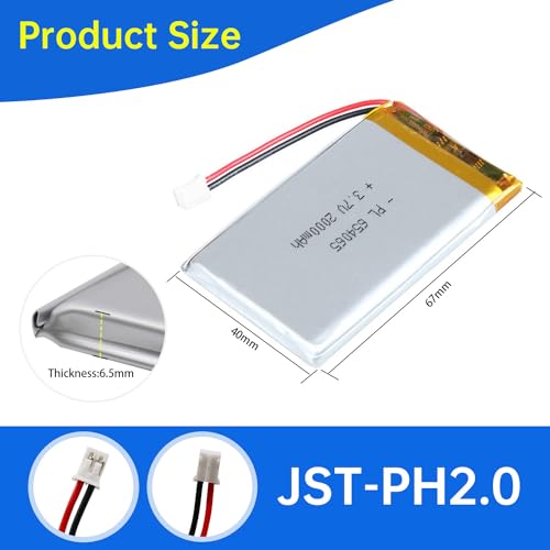 654065 3.7V Lipo Battery 2000mAh 654065 Rechargeable Lithium Polymer - size: 654065 2000mAh