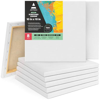 ARTEZA Square Stretched Canvas for Painting, 10 x 10 in, Pack of 8 - color: White - Classic, size: 10 x 10 (Pack of 8)