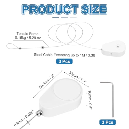 PATIKIL 3.3ft (1M) Retractable Remote Control Cable Tether 1.5N, 3PCS Remote Control Security Lanyard Lock Adjustable Locking Leash with Rope Locks for TV Phone Tablets Showroom, White - color: White
