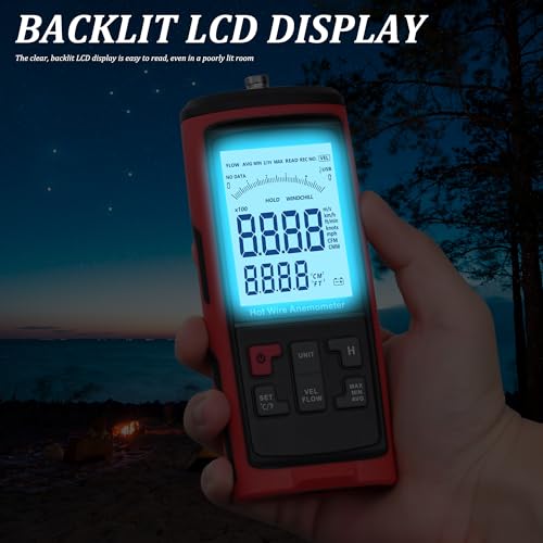 Hot Wire Anemometer Handheld with Bendable Telescoping Probe, HVAC in-Duct Peak Airflow Wind Speed Anemometer, Temperature CFM CMM Meter, Backlit LCD, Data Record & Output