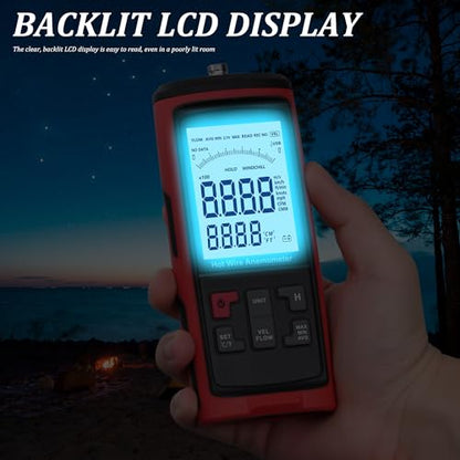 Hot Wire Anemometer Handheld with Bendable Telescoping Probe, HVAC in-Duct Peak Airflow Wind Speed Anemometer, Temperature CFM CMM Meter, Backlit LCD, Data Record & Output